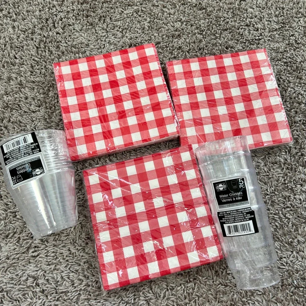 Red Gingham Picnic Party Supplies Napkins Tumblers Water Glasses Set 5 Packs NEW